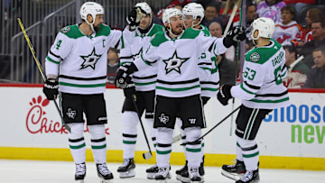 Feb 22, 2025; Newark, New Jersey, USA; Dallas Stars center Matt Duchene (95) celebrates his goal against the New Jersey Devils during the third period at Prudential Center. Mandatory Credit: Ed Mulholland-Imagn Images