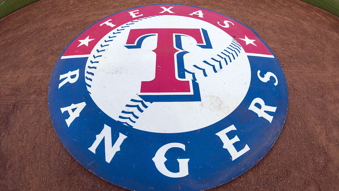 Jul 31, 2015; Arlington, TX, USA; A view the Texas Rangers logo and on deck circle before the game between the Texas Rangers and the San Francisco Giants at Globe Life Park in Arlington. The Rangers defeated the Giants 6-3. 