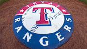 Jul 31, 2015; Arlington, TX, USA; A view the Texas Rangers logo and on deck circle before the game between the Texas Rangers and the San Francisco Giants at Globe Life Park in Arlington. The Rangers defeated the Giants 6-3. 