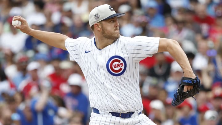 Jul 4, 2024; Chicago, Illinois, USA; Chicago Cubs starting pitcher Jameson Taillon (50) delivers a pitch against the Philadelphia Phillies during the second inning at Wrigley Field.