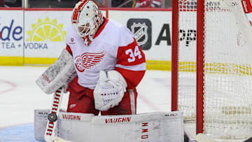 Apr 16, 2025; Newark, New Jersey, USA; Detroit Red Wings goaltender Alex Lyon (34) makes a save against the New Jersey Devils during the second period at Prudential Center. Mandatory Credit: Ed Mulholland-Imagn Images