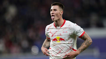 Benjamin Sesko of RB Leipzig celebrates after scoring a goal...