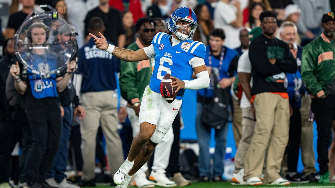 Ole Miss quarterback Trinidad Chambliss (6) celebrates a play during the CFP Fiesta Bowl against Miami at the State Farm Stadium, in Glendale, Ariz., on Thursday, Jan. 8, 2026.