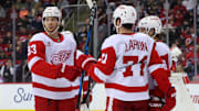 Apr 16, 2025; Newark, New Jersey, USA; Detroit Red Wings center Dylan Larkin (71) celebrates his goal against the New Jersey Devils during the third period at Prudential Center. Mandatory Credit: Ed Mulholland-Imagn Images