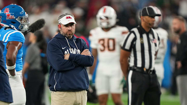 Ole Miss head coach Pete Golding stands on the field during warmups before the CFP Fiesta Bowl at the State Farm Stadium, in Glendale, Ariz., on Thursday, Jan. 8, 2026.