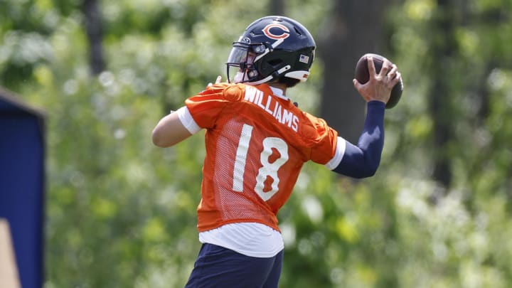 May 31, 2024; Lake Forest, IL, USA; Chicago Bears quarterback Caleb Williams (18) throws the ball during organized team activities at Halas Hall. Mandatory Credit: Kamil Krzaczynski-USA TODAY Sports