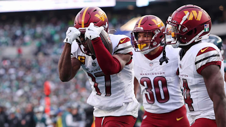Jan 26, 2025; Philadelphia, PA, USA; Washington Commanders wide receiver Terry McLaurin (17) reacts after a play against the Philadelphia Eagles during the first half in the NFC Championship game at Lincoln Financial Field. Mandatory Credit: Bill Streicher-Imagn Images Jan 26, 2025; Philadelphia, PA, USA; Washington Commanders wide receiver Terry McLaurin (17) reacts after a play against the Philadelphia Eagles during the first half in the NFC Championship game at Lincoln Financial Field. Mandatory Credit: Bill Streicher-Imagn Images