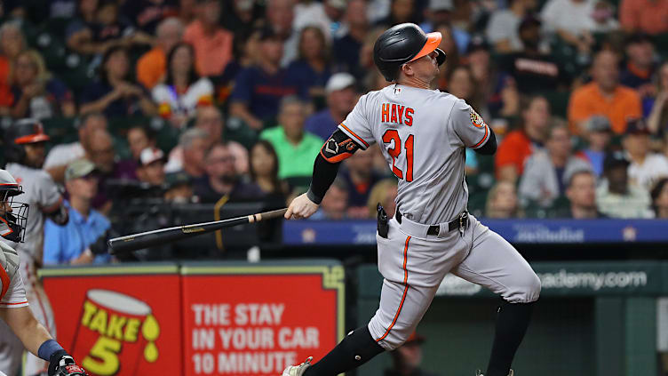 Baltimore Orioles v Houston Astros: Austin Hays of the Orioles finishes a swing during a game against the Astros