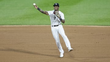 Sep 30, 2023; Chicago, Illinois, USA; Chicago White Sox shortstop Tim Anderson (7) throws to first
