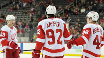 Apr 16, 2025; Newark, New Jersey, USA; Detroit Red Wings center Marco Kasper (92) celebrates his goal against the New Jersey Devils during the third period at Prudential Center. Mandatory Credit: Ed Mulholland-Imagn Images