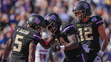 Washington player Giles Jackson (5) his touchdown against Louisville in the first quarter of the Tony the Tiger Sun Bowl game on Dec. 31, 2024.