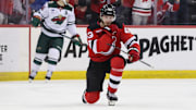 Mar 31, 2025; Newark, New Jersey, USA; New Jersey Devils defenseman Luke Hughes (43) celebrates his goal against the Minnesota Wild during the first period at Prudential Center. Mandatory Credit: Ed Mulholland-Imagn Images