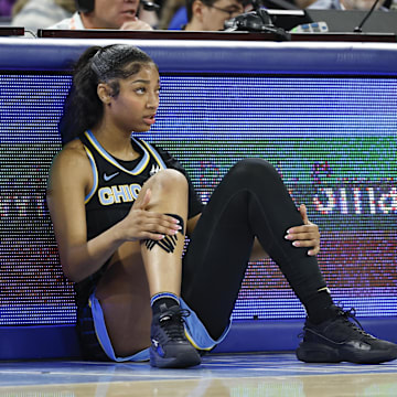 Chicago Sky forward Angel Reese (5) waits to enter the game against the Las Vegas Aces during the first half at Wintrust Arena.