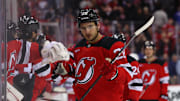 Apr 5, 2025; Newark, New Jersey, USA; New Jersey Devils right wing Timo Meier (28) celebrates his goal against the New York Rangers during the third period at Prudential Center. Mandatory Credit: Ed Mulholland-Imagn Images