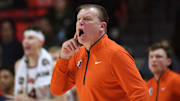 Nov 11, 2025; Champaign, Illinois, USA; Illinois Fighting Illini head coach Brad Underwood reacts during the second half against the Texas Tech Red Raiders at State Farm Center. Mandatory Credit: Ron Johnson-Imagn Images