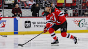 Apr 16, 2025; Newark, New Jersey, USA; New Jersey Devils defenseman Dougie Hamilton (7) skates during warmups for their game against the Detroit Red Wings at Prudential Center. Hamilton had been out with an injury since March 4, 2025.  Mandatory Credit: Ed Mulholland-Imagn Images