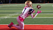 Male’s Colin Jefferson (1) hauled in a touchdown catch during first half action as the Manual Crimsons and Male Bulldogs face off in KHSAA football action on Friday, Oct. 31, 2025.
