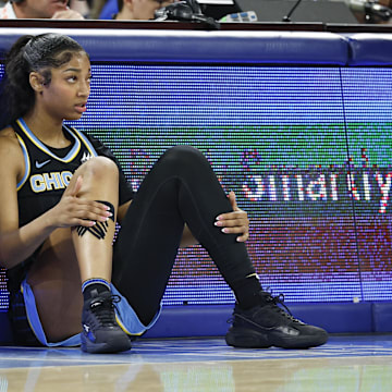 Aug 25, 2024; Chicago, Illinois, USA; Chicago Sky forward Angel Reese (5) waits to enter the game against the Las Vegas Aces during the first half at Wintrust Arena. Mandatory Credit: Kamil Krzaczynski-Imagn Images