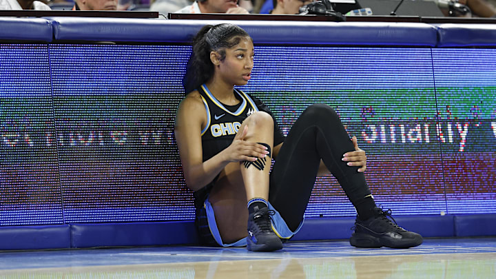 Aug 25, 2024; Chicago, Illinois, USA; Chicago Sky forward Angel Reese (5) waits to enter the game against the Las Vegas Aces during the first half at Wintrust Arena. Mandatory Credit: Kamil Krzaczynski-Imagn Images