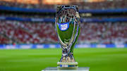 The Super Cup Trophy seen during the ceremony after the UEFA...