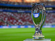 The Super Cup Trophy seen during the ceremony after the UEFA...