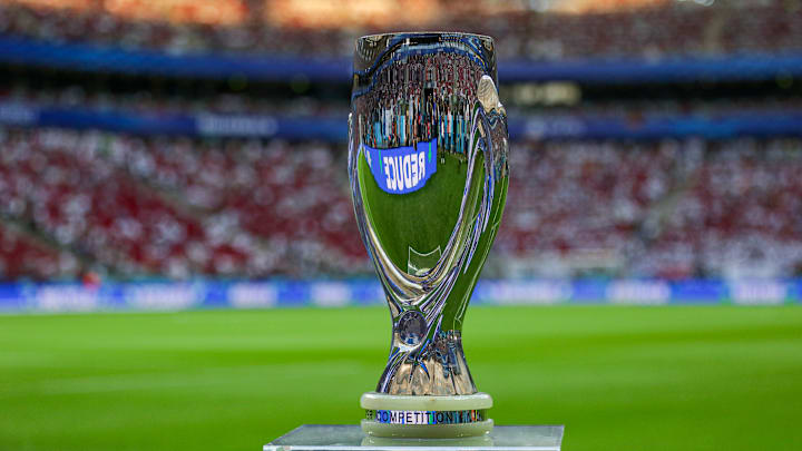 The Super Cup Trophy seen during the ceremony after the UEFA...