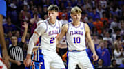 Florida Gators forwards Alex Condon (21) and Thomas Haugh (10) have proven to be one of the best sophomore duos in the country. Condon is coming off back-to-back double-doubles after a 17-point, 15-rebound effort against Ole Miss.