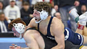 Mitchell Mesenbrink of the Penn State Nittany Lions celebrates win against Iowa's Michael Caliendo at the 2025 NCAA Wrestling Championship at Wells Fargo Center. 