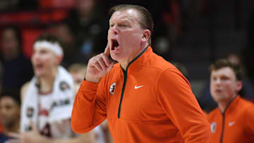 Nov 11, 2025; Champaign, Illinois, USA; Illinois Fighting Illini head coach Brad Underwood reacts during the second half against the Texas Tech Red Raiders at State Farm Center. Mandatory Credit: Ron Johnson-Imagn Images