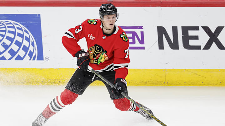 Nov 19, 2024; Chicago, Illinois, USA; Chicago Blackhawks left wing Lukas Reichel (73) controls the puck against the Anaheim Ducks during the third period at United Center. Mandatory Credit: Kamil Krzaczynski-Imagn Images