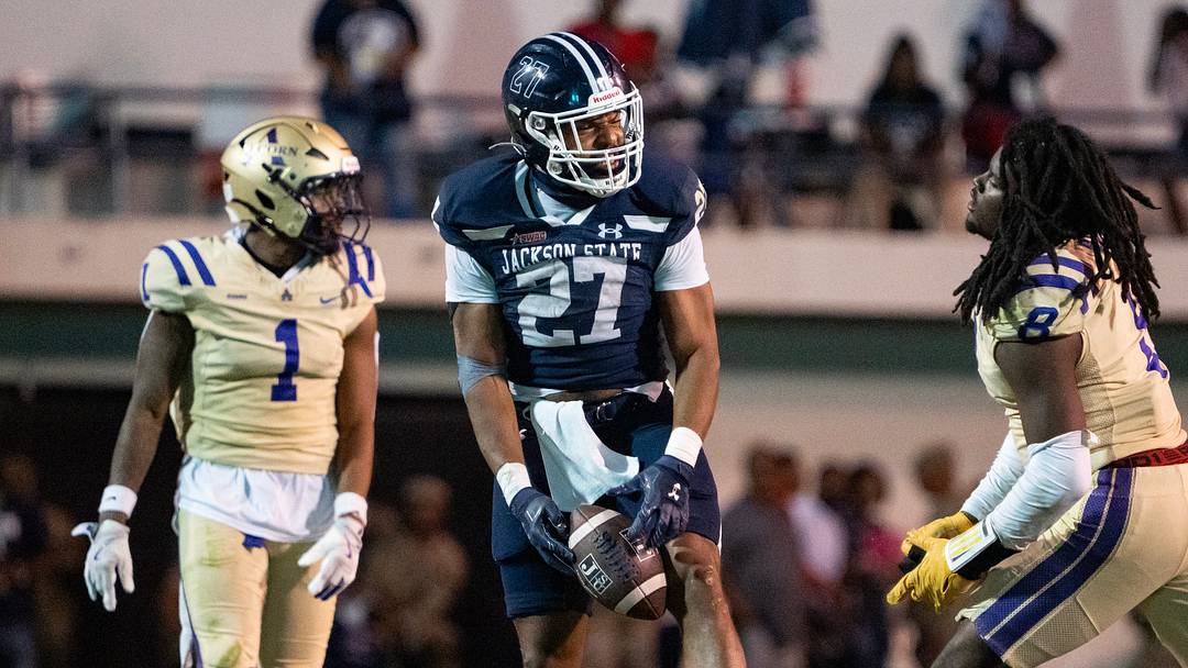 Jackson State's running back Ahmad Miller (27) celebrates a play during the game against Alcorn State in Jackson, Miss., on Saturday, Nov. 22, 2025. Jackson State's running back Ahmad Miller (27) celebrates a play during the game against Alcorn State in Jackson, Miss., on Saturday, Nov. 22, 2025.