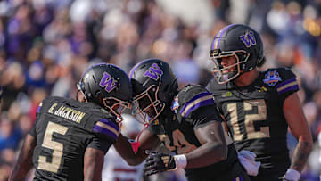 Washington player Giles Jackson (5) his touchdown against Louisville in the first quarter of the Tony the Tiger Sun Bowl game on Dec. 31, 2024.