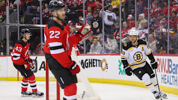 Boston Bruins right wing David Pastrnak (88) celebrates his goal against the New Jersey Devils: Ed Mulholland-Imagn Images