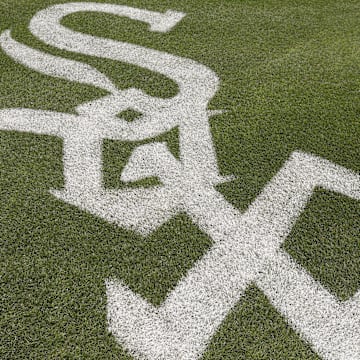 Chicago White Sox logo painted on the Rate Field grass in 2025.