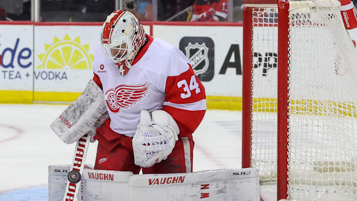 Apr 16, 2025; Newark, New Jersey, USA; Detroit Red Wings goaltender Alex Lyon (34) makes a save against the New Jersey Devils during the second period at Prudential Center. Mandatory Credit: Ed Mulholland-Imagn Images