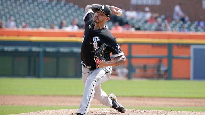 Sep 18, 2022; Detroit, Michigan, USA;  Chicago White Sox starting pitcher Vince Velasquez (23) throws during the third inning against the Detroit Tigers at Comerica Park. Mandatory Credit: Brian Sevald-Imagn Images