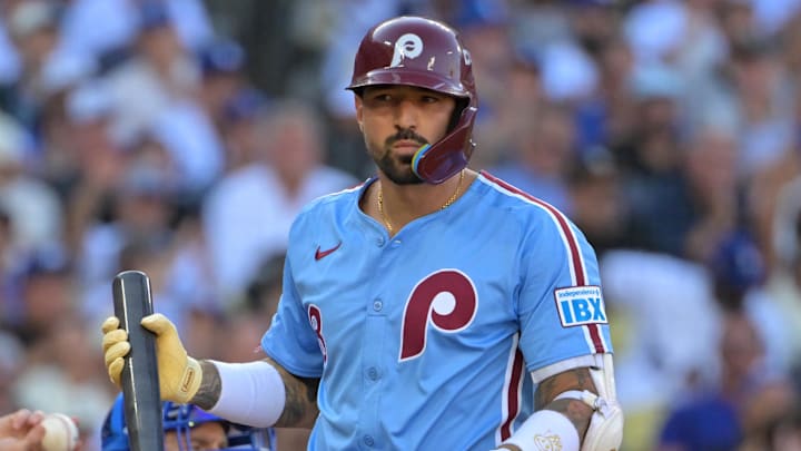 Philadelphia Phillies right fielder Nick Castellanos (8) reacts 