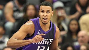 Apr 11, 2025; Sacramento, California, USA; Sacramento Kings forward Keegan Murray (13) dribbles against the Los Angeles Clippers during the first quarter at Golden 1 Center. Mandatory Credit: Darren Yamashita-Imagn Images