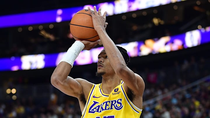 Oct 9, 2023; Las Vegas, Nevada, USA; Los Angeles Lakers forward Alex Fudge (17) shoots against the Brooklyn Nets during the second half at T-Mobile Arena. Mandatory Credit: Gary A. Vasquez-Imagn Images