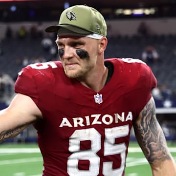 Nov 3, 2025; Arlington, Texas, USA; Arizona Cardinals tight end Trey McBride (85) celebrates after defeating the Dallas Cowboys at AT&T Stadium. Mandatory Credit: Kevin Jairaj-Imagn Images