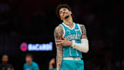 Oct 28, 2025; Miami, Florida, USA; Charlotte Hornets guard LaMelo Ball (1) celebrates after scoring against the Miami Heat during the first quarter at Kaseya Center. Mandatory Credit: Sam Navarro-Imagn Images