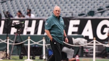 Sep 16, 2024; Philadelphia, Pennsylvania, USA; Philadelphia Eagles defensive coordinator Vic Fangio before a game against the Atlanta Falcons at Lincoln Financial Field. Mandatory Credit: Bill Streicher-Imagn Images