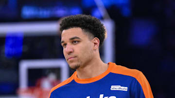 New York Knicks forward Kevin McCullar Jr. warms up before a game against the Philadelphia 76ers. Mandatory Credit: John Jones-Imagn Images
