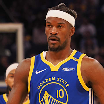 Mar 17, 2025; San Francisco, California, USA; Golden State Warriors forward Jimmy Butler III (10) as a time out is called against the Denver Nuggets during the second quarter at Chase Center. Mandatory Credit: Kelley L Cox-Imagn Images