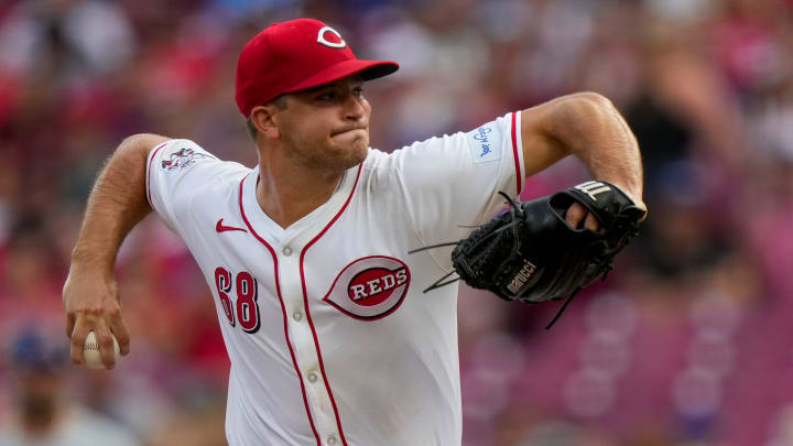 Cincinnati Reds starting pitcher Carson Spiers (68) throws a pitch in the first inning of the MLB National League game between the Cincinnati Reds and the Chicago Cubs at Great American Ball Park in downtown Cincinnati on Monday, July 29, 2024. The Reds led 3-0 after four innings.