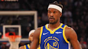 Mar 17, 2025; San Francisco, California, USA; Golden State Warriors forward Jimmy Butler III (10) as a time out is called against the Denver Nuggets during the second quarter at Chase Center. Mandatory Credit: Kelley L Cox-Imagn Images