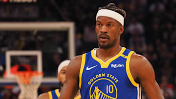 Mar 17, 2025; San Francisco, California, USA; Golden State Warriors forward Jimmy Butler III (10) as a time out is called against the Denver Nuggets during the second quarter at Chase Center. Mandatory Credit: Kelley L Cox-Imagn Images