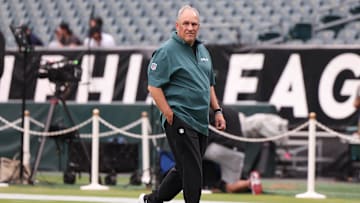 Sep 16, 2024; Philadelphia, Pennsylvania, USA; Philadelphia Eagles defensive coordinator Vic Fangio before a game against the Atlanta Falcons at Lincoln Financial Field.