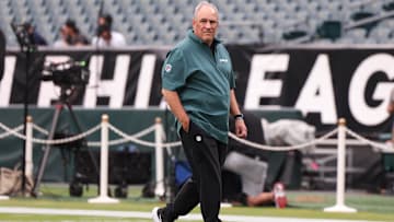 Sep 16, 2024; Philadelphia, Pennsylvania, USA; Philadelphia Eagles defensive coordinator Vic Fangio before a game against the Atlanta Falcons at Lincoln Financial Field. Mandatory Credit: Bill Streicher-Imagn Images