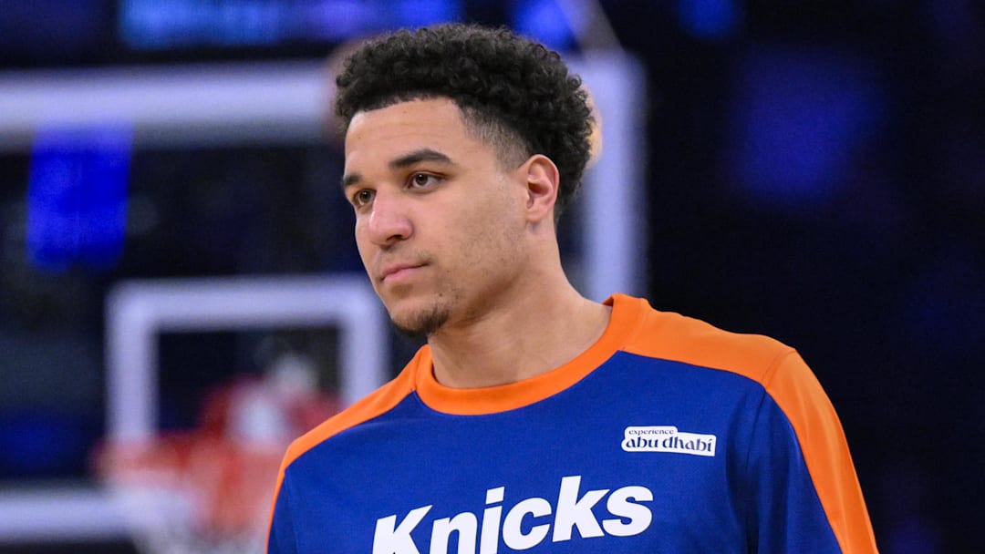 Apr 1, 2025; New York, New York, USA; New York Knicks forward Kevin McCullar Jr. (9) warms up before a game against the Philadelphia 76ers at Madison Square Garden. Mandatory Credit: John Jones-Imagn Images